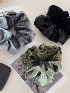 Elegant satin and velvet scrunchies set in black, blue and green mixed fabrics
