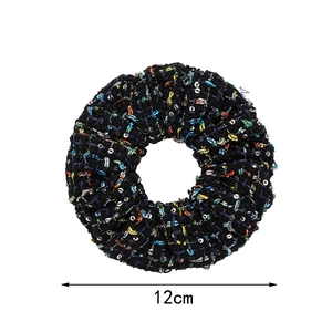 Thick tweed scrunchie in black with colorful threads and sequins, 12cm diameter