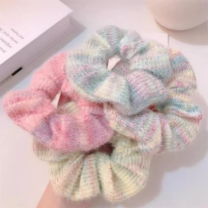 Soft mohair knit scrunchies in pastel gradient colors for autumn and winter