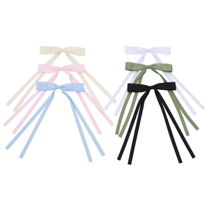 Set of six long ribbon bow hair clips in beige, pink, blue, white, green and black colors