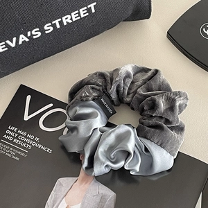 Elegant grey satin and velvet scrunchie hair tie with Korean design and fabric label