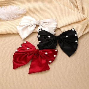 French Romantic Satin Bow Hair Clip With Faux Artificial Pearls Oversized Elegant Spring Clip Top Clip Hair Accessory For Women Party