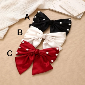 French satin bow hair clips with pearls in black, beige, and wine red colors