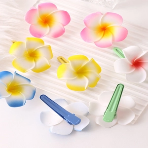 Frangipani plumeria flower hair clips in various colors with metallic duckbill clips