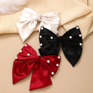 Elegant Large Bow Hair Clip Satin Mesh With Faux Artificial Pearl French Vintage Hair Barrette For Women Wedding Party Hair Accessory