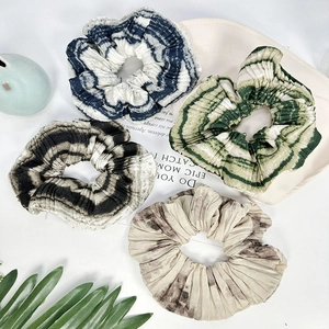 Set of four French vintage ink floral hair scrunchies in assorted tie-dye colors