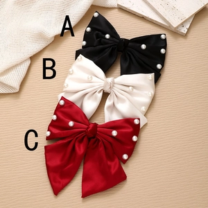 French style satin bow hair clip with pearls available in black, beige, and wine red