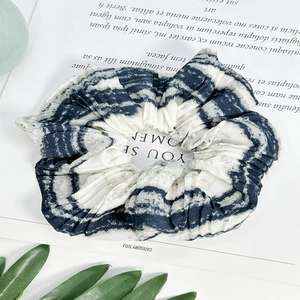 French vintage blue and white striped tie-dye scrunchie with pleated chiffon texture
