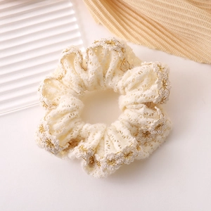 Elegant French vintage lace scrunchie in cream white with gold star embroidery detail