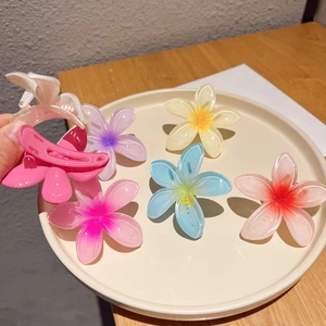 Pinces à cheveux en forme de fleur de frangipanier colorée sur plateau rond en bois