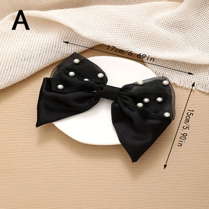 Elegant large black satin hair clip with sheer polka dot tulle and white pearls decoration