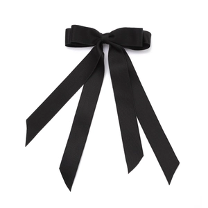 Elegant black double-layer polyester bow hair clip with long silk ribbons on white background