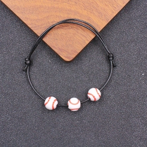 Braccialetto baseball regolabile in cordino cerato nero con tre perline bianche e cuciture rosse
