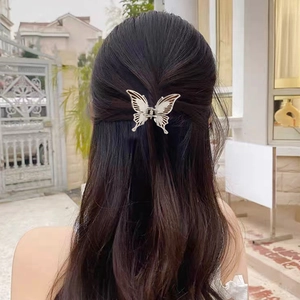 Dettaglio del fermaglio a farfalla in argento con design in metallo cavo sui capelli