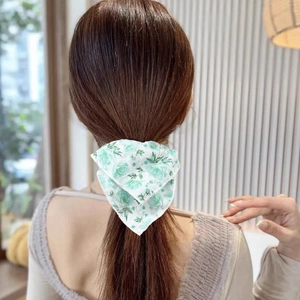 Floral print hair scrunchie with light green rose pattern on soft chiffon fabric