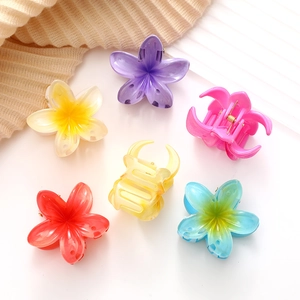 Set of 6 colorful acrylic plumeria flower hair claws in vibrant summer vacation styles