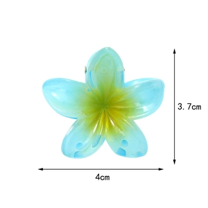 Macro shot of 4cm blue floral hair claw clip made of translucent resin material