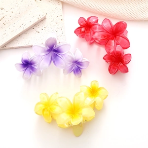 Trois pinces à cheveux fleur de frangipanier dégradé en résine violet rouge et jaune