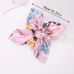 Pink floral print oversized bow scrunchie made of silky satin fabric 26cm in size