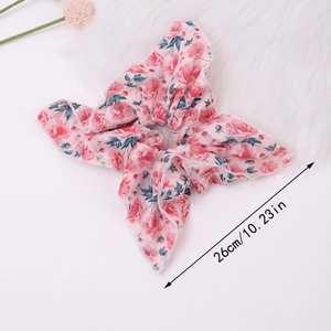 Floral print scrunchie hair tie with pink rose patterns, 26cm size for women's hair styling