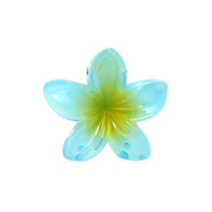 Detailed close-up of blue and yellow gradient frangipani hair claw clip with metal spring