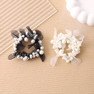 Elegant Faux Artificial Pearl Mesh Bow Scrunchie High Elastic Hair Tie For Women Korean Style Ponytail Holder Fashion Hair Accessory