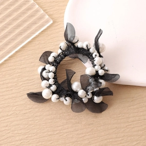Elegant pearl bow hair tie with black mesh details and high-elastic band for women