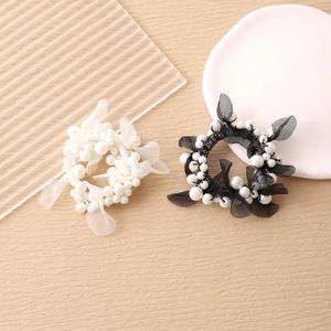Elegant pearl hair scrunchies with mesh butterfly wings, stylish elastic ties for women