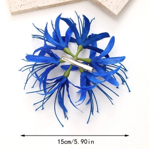 Barrette à cheveux fleur de lycoris bleue de 15 cm avec pince crocodile en métal argenté