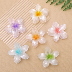 Large Pearlescent Plumeria Flower Hair Claw Clip Gradient Resin Frangipani Shark Clip For Women Summer Beach Hair Accessories