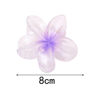 Detail view of 8cm large pearlescent purple hibiscus flower hair claw clip for women