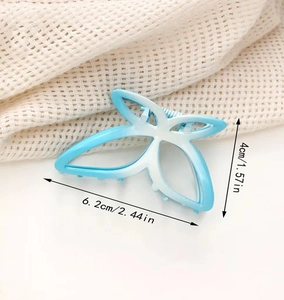 Detail shot showing 6.2cm gradient blue butterfly hair claw clip with size dimensions