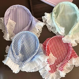 French Sweet Plaid Triangle Scarf Headband With Ruffles Gingham Fabric Sun Protection Hair Accessories For Women Girls