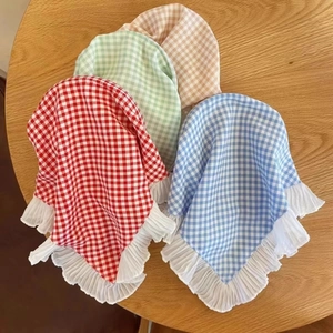 French style plaid triangular headscarf with elegant white pleated chiffon lace border