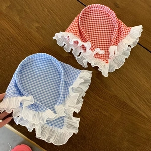French style plaid pet bandana with lace ruffle trim in red and blue colors