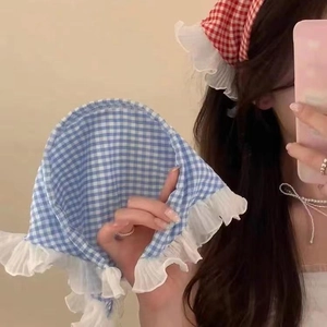 Blue and white gingham triangle headscarf with ruffled white lace trim for women