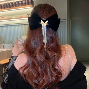 French vintage black velvet bow hair clip with luxury gold butterfly and rhinestone tassels