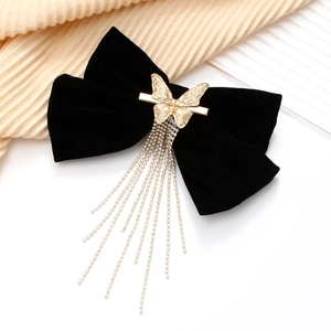 French vintage black velvet bow hair clip with gold butterfly and rhinestone tassels