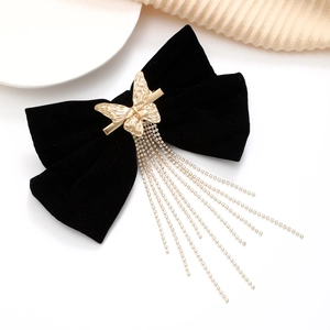 French Vintage Black Velvet Bow Hair Clip With Rhinestone Tassel Butterfly Alloy Spring Clip For Women Wedding Party Jewelry