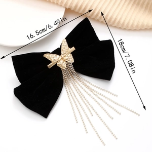 French vintage black velvet bow hair clip with golden butterfly and rhinestone tassels