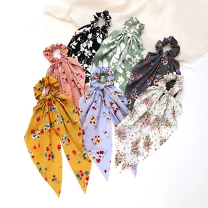 Handmade Floral Printed Long Streamer Scrunchie Fabric Bow Knot Elastic Ponytail Holder Ribbon Hair Ties For Women