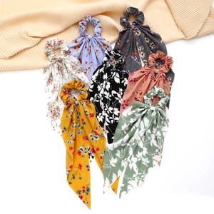 Set of 7 floral print hair scrunchies with long ribbons and elegant chiffon fabric