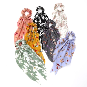 Set of 7 floral chiffon hair scrunchies with long ribbons and elegant botanical prints