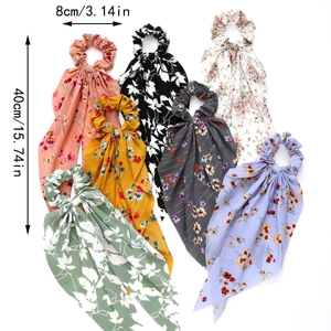 Floral print scrunchie scarf set with seven colorful pieces and long ribbon streamers
