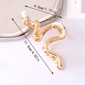 Elegant gold wavy metal hair claw clip with large pearl accent for women hair styling