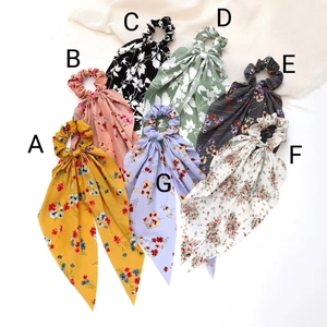 Chiffon floral print scrunchies set with long ribbons in seven assorted bohemian styles