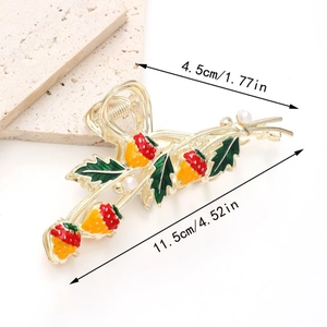 Elegant strawberry hair claw clip in gold alloy with pearls and colorful enamel details