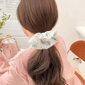 Oversized floral chiffon scrunchie for women, elegant off-white hair tie for high pony tails