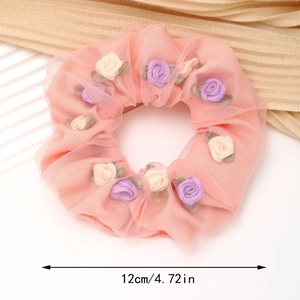 Roze mesh scrunchie met bloemenapplicaties, dubbellaags schattig haaraccessoire