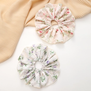 Oversized floral scrunchie set with pink rose and purple patterns on white background